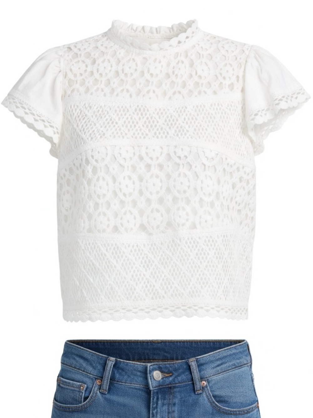 Jennifer & Grace White Eyelet Crochet Lace Mesh Flutter Sleeve Blouse Medium - Picture 10 of 13